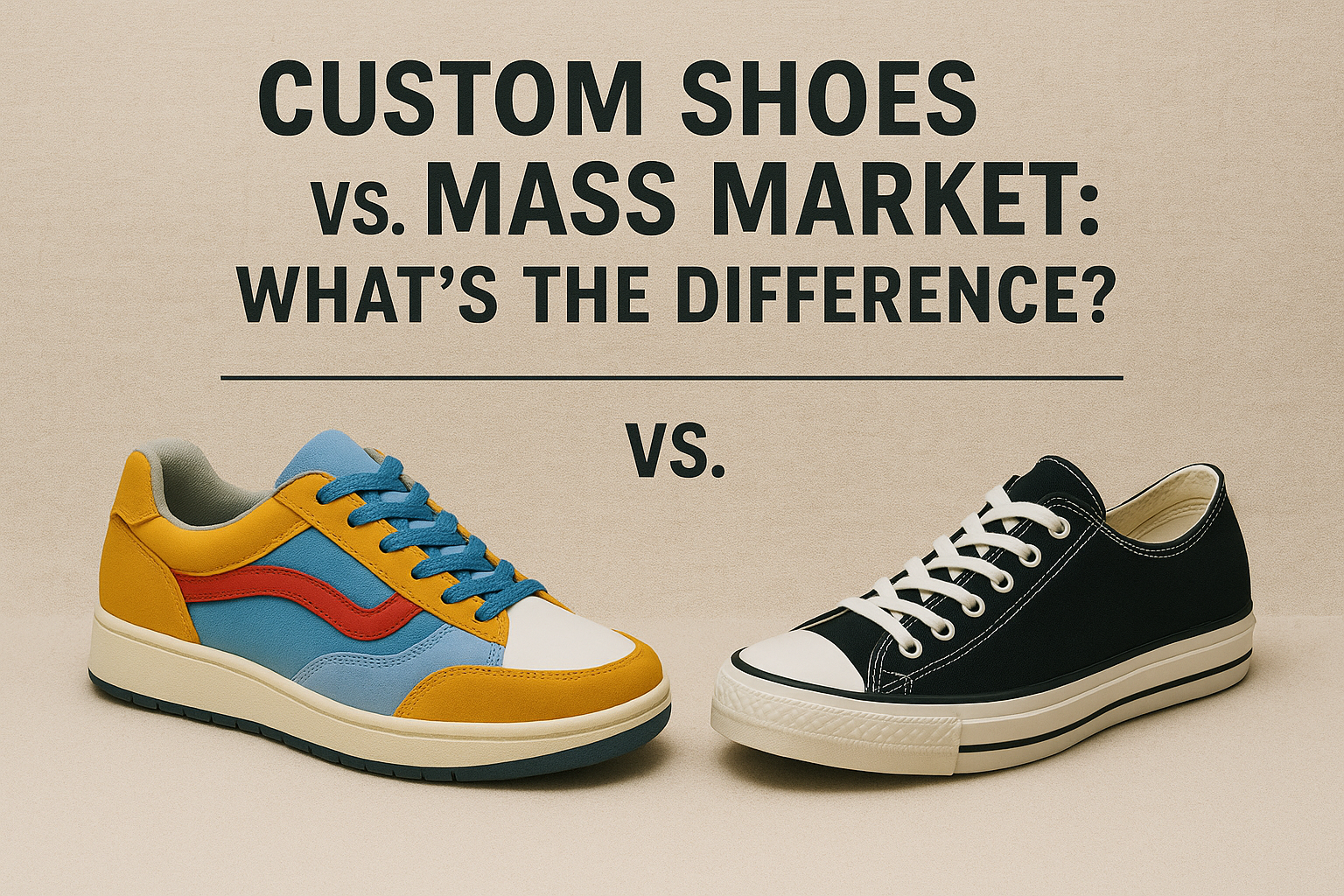Comparison of custom shoes and mass market options, highlighting their differences in design, quality, and personalization.