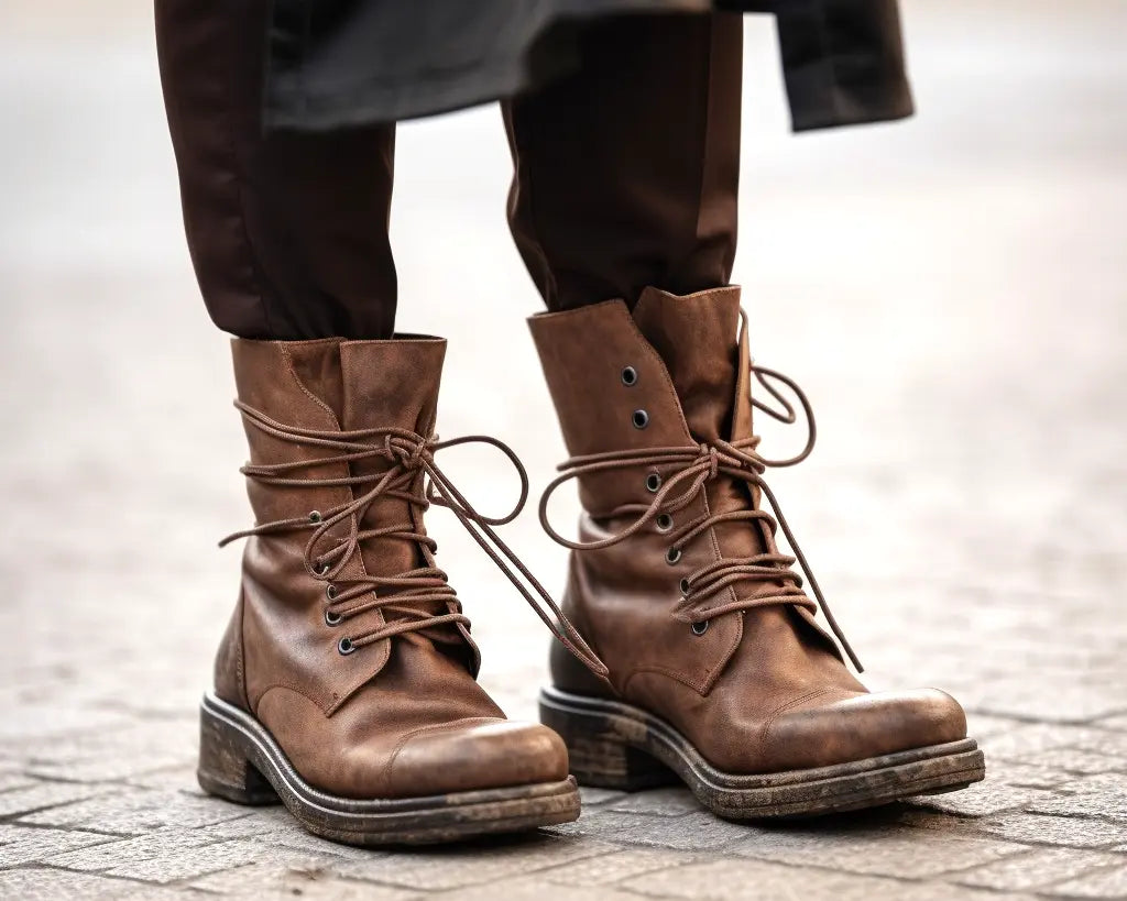 a close-up of a person wearing leather boots with some dirt