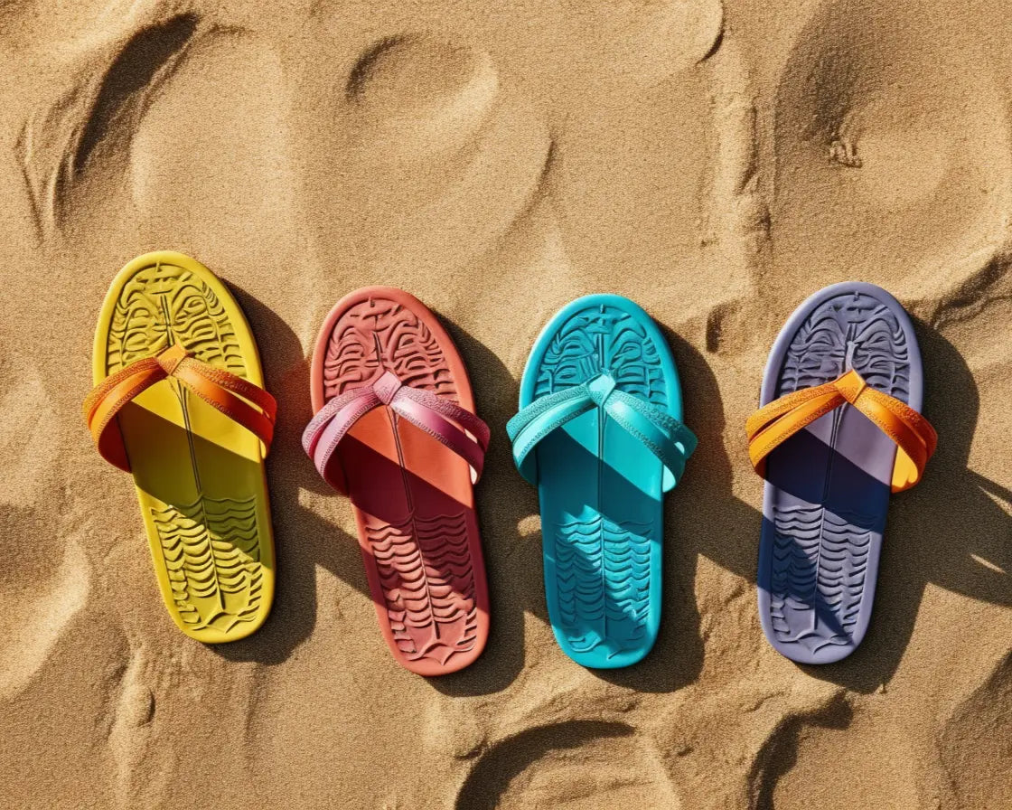 four pairs of colorful flip-flops for comparison to sandals