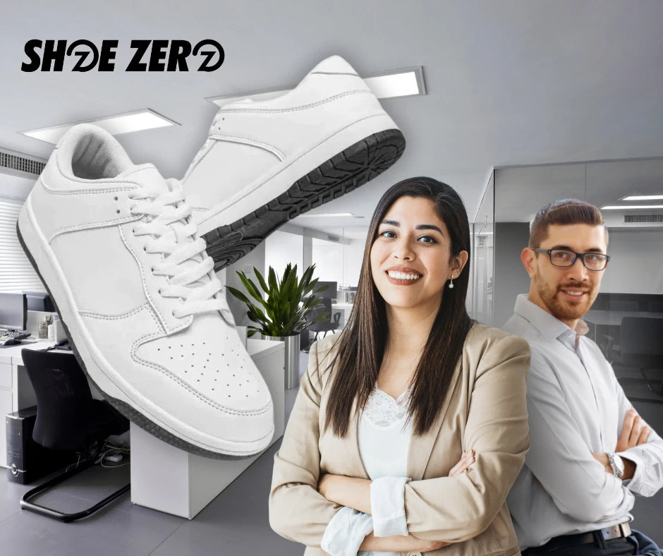 Business man and business woman wearing a business casual attire and a custom branded shoes