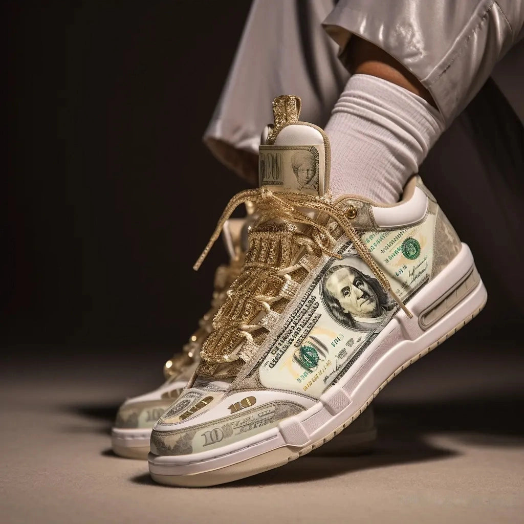 White sneakers with dollar bill money printed on the sneakers