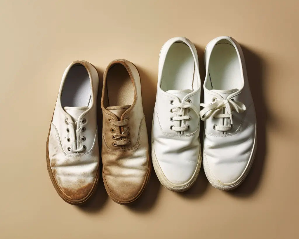 a comparison image of a pair of dirty shoes and a pair of clean white shoes