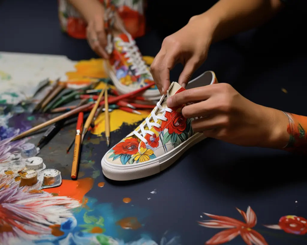 a hand painting a shoe with painting materials