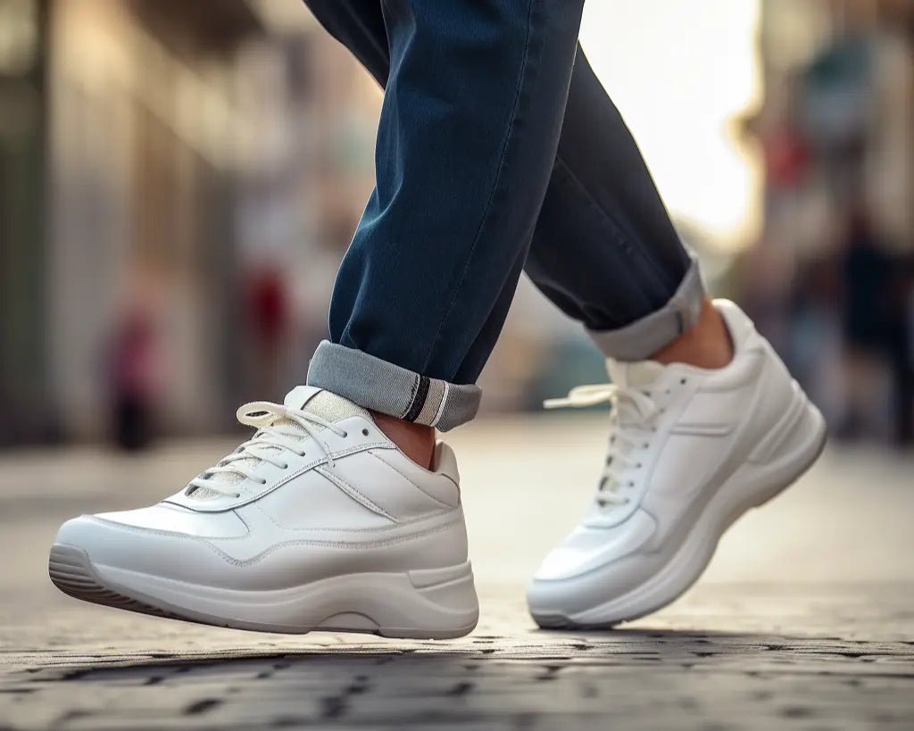 a man walking with his white sneakers