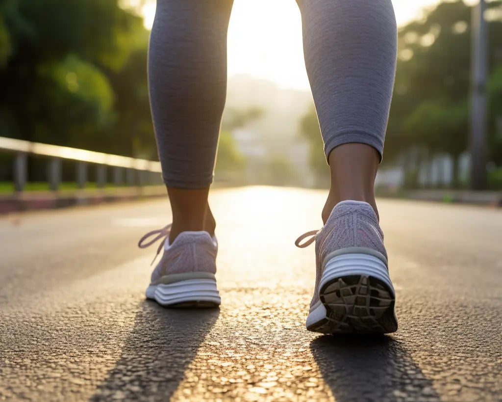 a woman walking with shoes rubbing on back of her ankle
