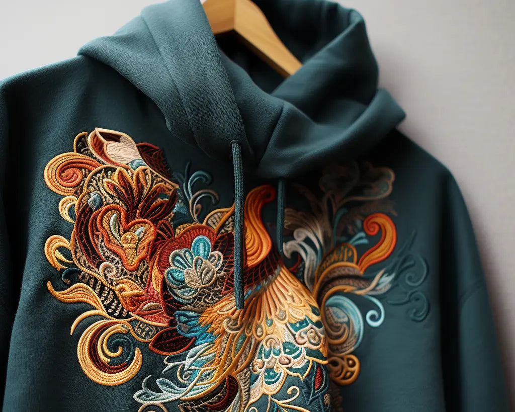 a hanging close-up photo of embroidered hoodie