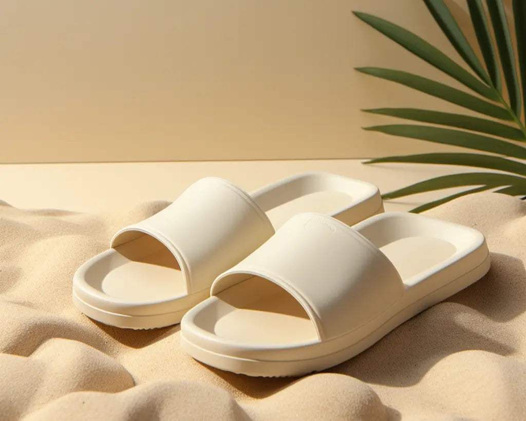 a pair of white slide sandals
