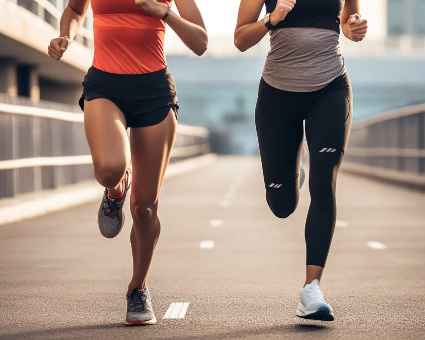 two women running in shorts and leggings