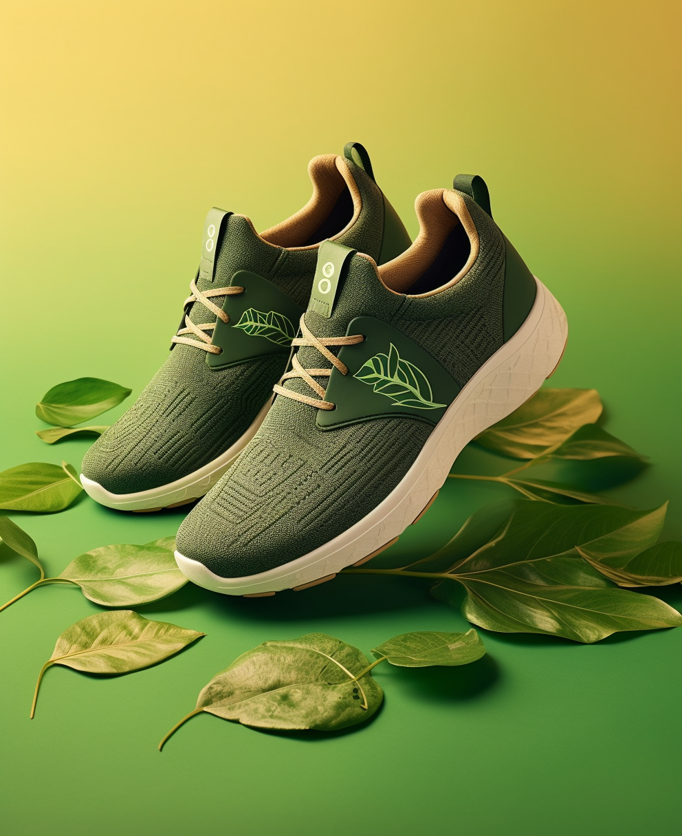 Green Sustainable shoe with leaf design and leaves scattered in the background
