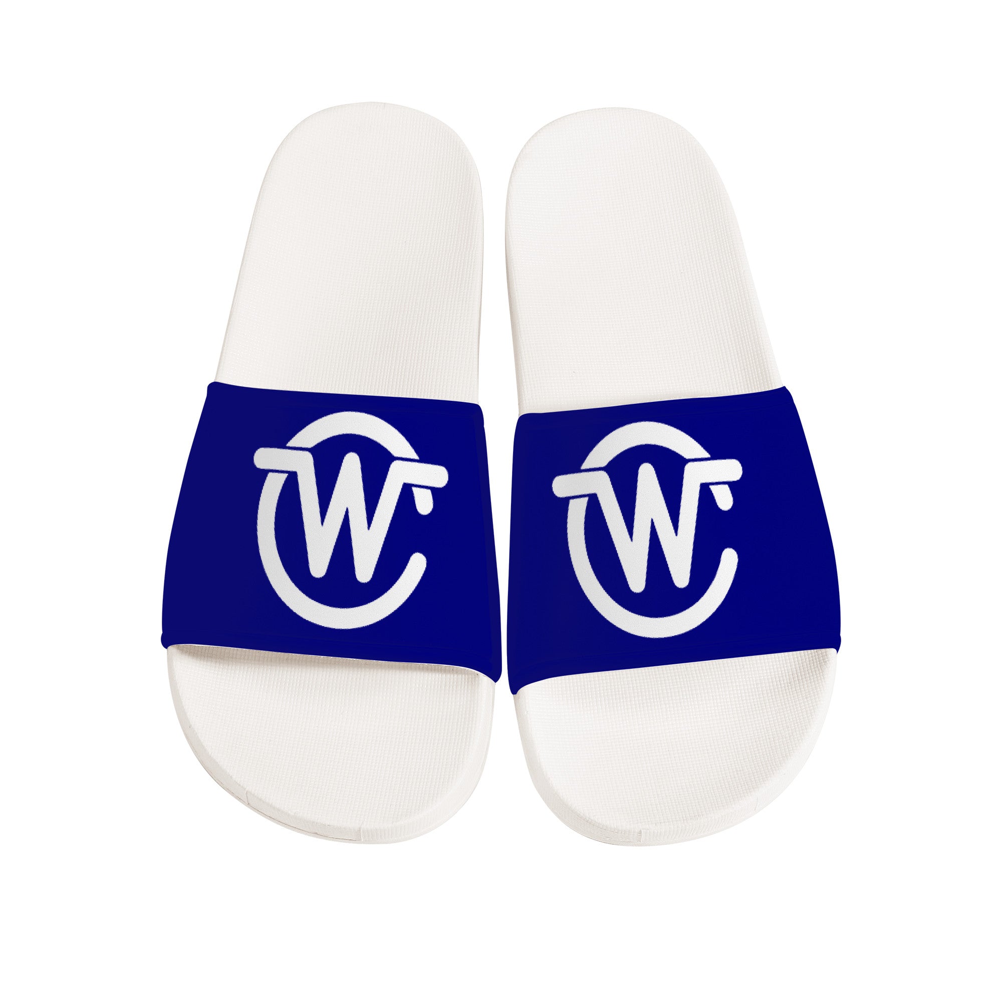 Woodcliff Lake Community Customized Slide Sandals - White and Blue - Shoe Zero
