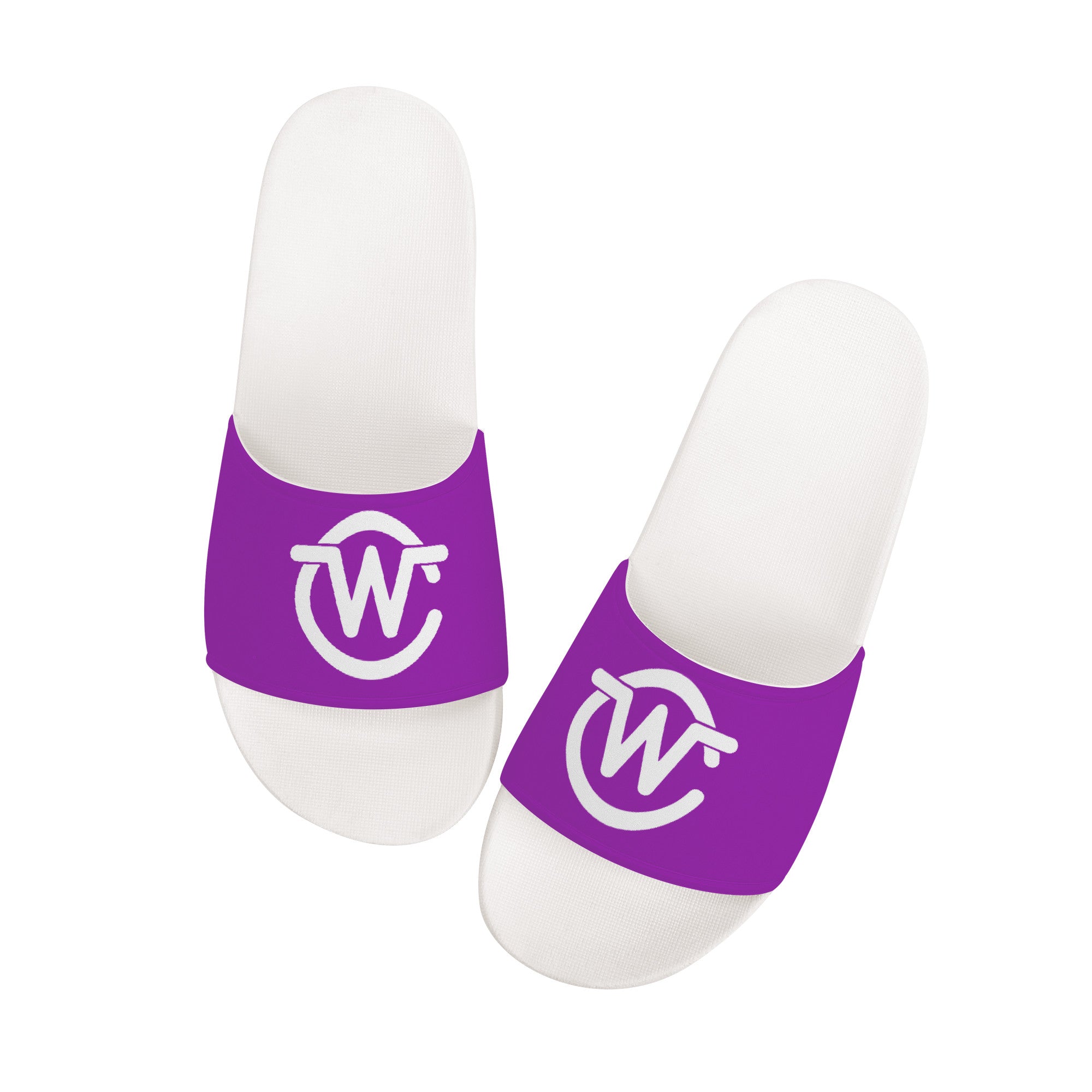 Woodcliff Lake Community Customized Slide Sandals - White and Purple - Shoe Zero