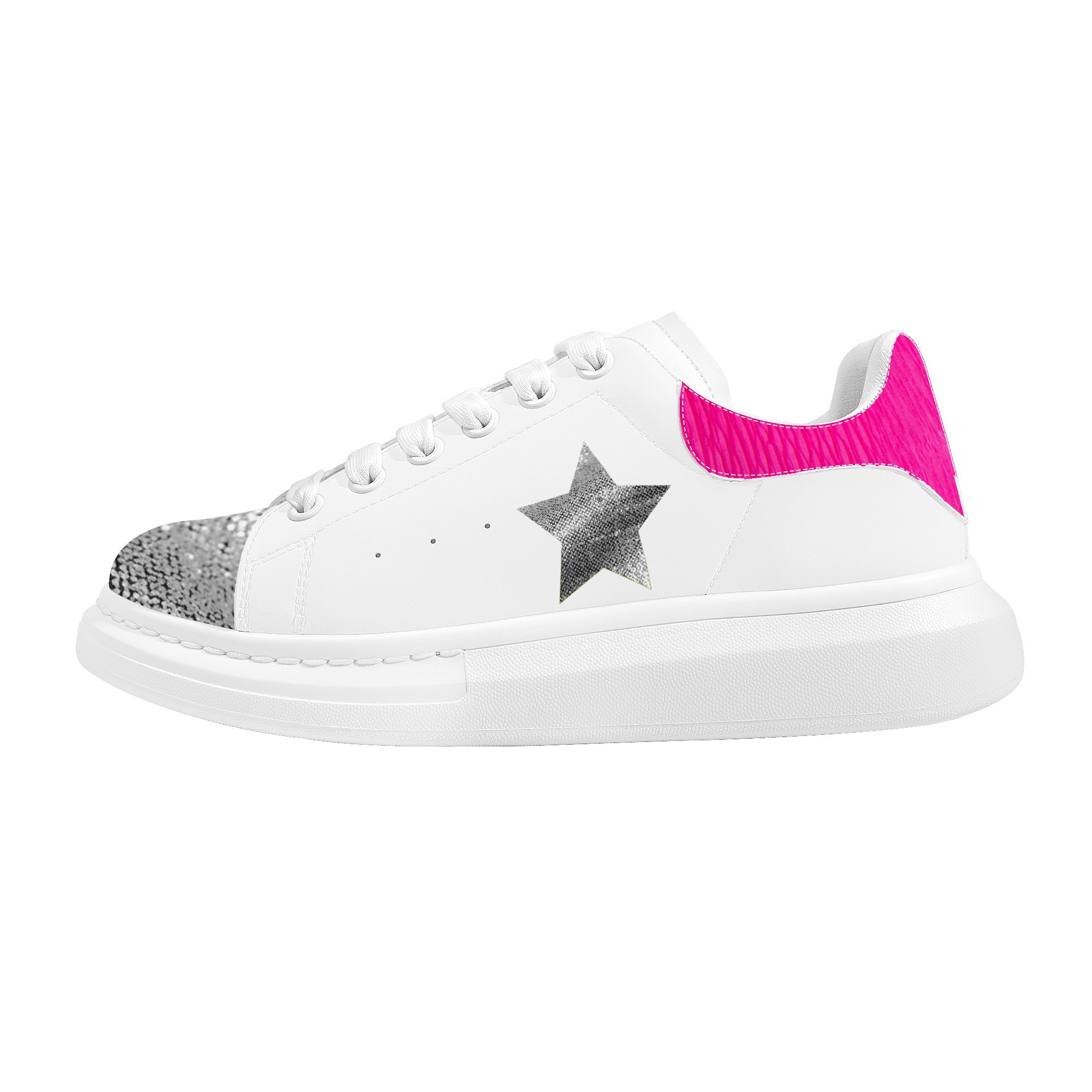 Silver Sequence Star with Pink Heel | Designed Shoes Low Top Shoes - White - Shoe Zero